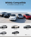 No Sweat Level 2 And Level 1 Portable EV Charger With Nacs Connector For Tesla Model Y X 3 S Cybertruck, showing compatible EV models.