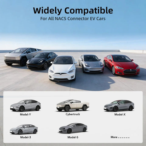 No Sweat Level 2 And Level 1 Portable EV Charger With Nacs Connector For Tesla Model Y X 3 S Cybertruck, showing compatible EV models.