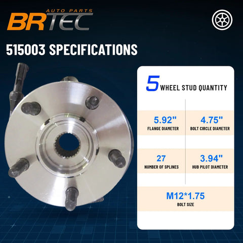 Front view of Front Wheel Hub And Bearing Assembly For Ford Explorer Ranger Mazda B3000 B4000 Mercury Mountaineer 5 Lug 4WD and ABS OE Style 515003 with specifications