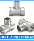 304 Stainless Steel Pipe Fitting Male Branch Tee 1 1/4 Inch Npt Female To Male To Female Thread Adapter on display from multiple angles.