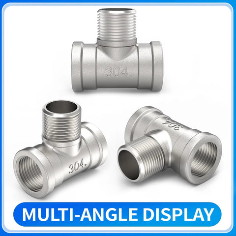 304 Stainless Steel Pipe Fitting Male Branch Tee 1 1/4 Inch Npt Female To Male To Female Thread Adapter on display from multiple angles.