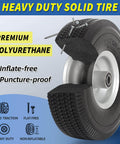 Flat Free 10 Inch Solid Tire Wheel For Hand Trucks Garden Wagons Carts Trolleys And Dollies Replacement 4.10/3.50-4 With 5/8 Inch Axle Bore And 2.2 Inch Offset Hub Heavy Duty 350 Lb Load Capacity, showing cutout view of polyurethane material.