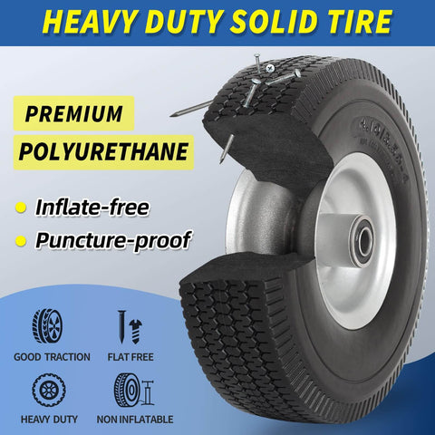 Flat Free 10 Inch Solid Tire Wheel For Hand Trucks Garden Wagons Carts Trolleys And Dollies Replacement 4.10/3.50-4 With 5/8 Inch Axle Bore And 2.2 Inch Offset Hub Heavy Duty 350 Lb Load Capacity, showing cutout view of polyurethane material.