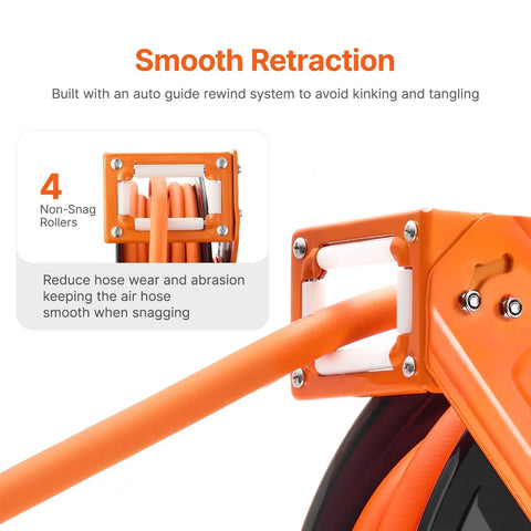 Kickass Retractable Air Hose Reel Auto Rewind 1/2 In X 50 Ft Hybrid Polymer Air Hose Max 300 Psi showing smooth retraction and non-snag rollers.