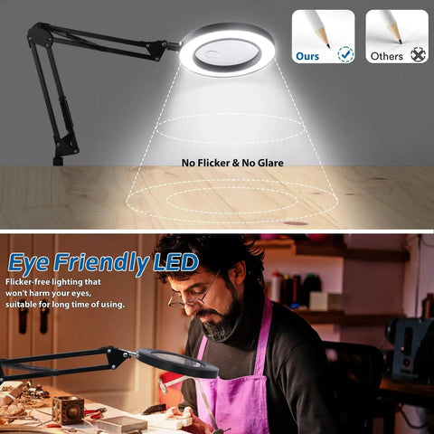Floor Magnifying Glass With Light And Stand, 10X To 20X Magnification, 72 LED illuminating a workspace, man sewing beneath.