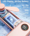Close-up of Portable Handheld Mini Fan With LED Display showing battery life