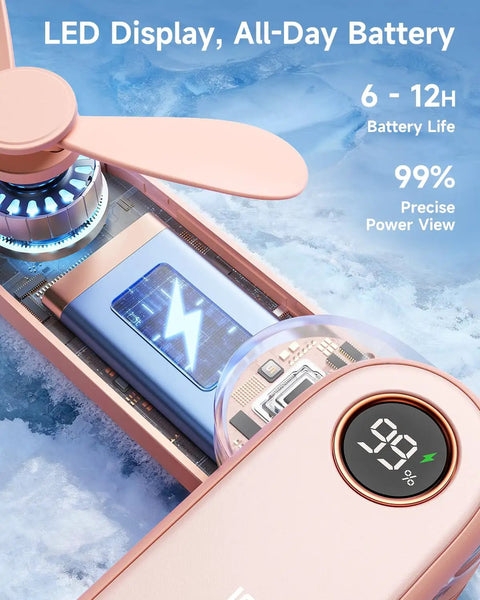 Close-up of Portable Handheld Mini Fan With LED Display showing battery life