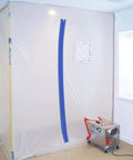 Cloth Zipper Door For Quick Access Through Poly Sheeting With Peel And Stick Dust Barrier Self Adhesive Backing And Air Tight Seal Twin Pack Indoor Outdoor Use From Minus Twenty To One Hundred Fifty Degrees 84 By 3 Inches in a clear poly sheeting setup with air purifier nearby