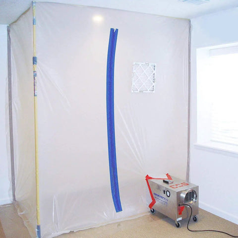 Cloth Zipper Door For Quick Access Through Poly Sheeting With Peel And Stick Dust Barrier Self Adhesive Backing And Air Tight Seal Twin Pack Indoor Outdoor Use From Minus Twenty To One Hundred Fifty Degrees 84 By 3 Inches in a clear poly sheeting setup with air purifier nearby