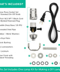Beginner Friendly DIY Lamp Wiring Kit With Antique Brass Socket And 12 Foot Brown Cord Complete Hardware For Making And Fixing Table Or Floor Lamps Repair And Rewire Vintage Lighting Fixtures components laid out with labels.