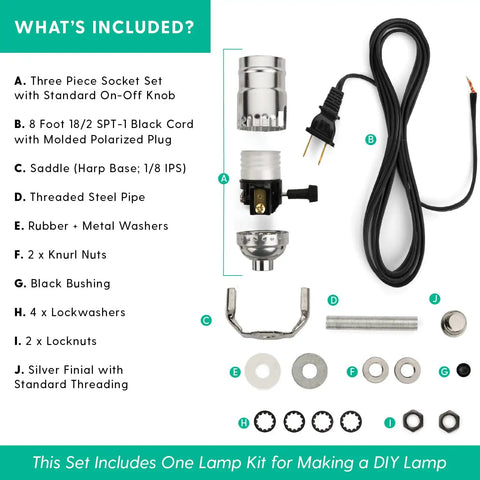 Beginner Friendly DIY Lamp Wiring Kit With Antique Brass Socket And 12 Foot Brown Cord Complete Hardware For Making And Fixing Table Or Floor Lamps Repair And Rewire Vintage Lighting Fixtures components laid out with labels.