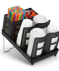 Six-Compartment Cup And Lid Holder For Countertop With Straw Holder Tough Plastic Coffee Cup Rack For 10-22oz Paper Cups Perfect For Bar Office Restaurant Breakroom featuring neatly organized cups and straws.