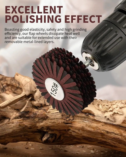 Close-up of 150 grit nylon abrasive flap wheel with 1/4 inch shank attached to a drill, shown polishing wood surface.