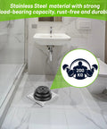 Bathroom with a stainless steel shower drain hair catcher with soft silicone edge, showing durability and weight support.