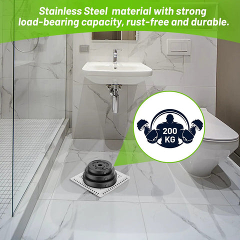 Bathroom with a stainless steel shower drain hair catcher with soft silicone edge, showing durability and weight support.