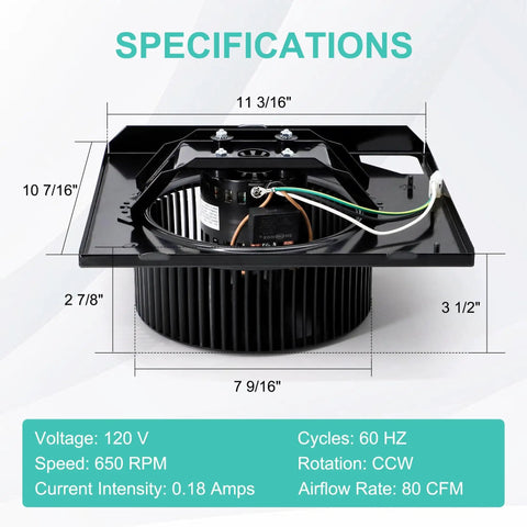 Replacement Bathroom Exhaust Fan Motor Assembly For Broan Nutone QTN80L QTR080 QTR070L QTR070 QTRN080L QTN80LA shown with specs