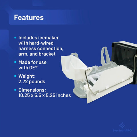 Ice Maker Replacement for GE Refrigerator With Power Cords and End Mounted Fill Cups, white plastic structure side view