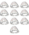 Ten Pack 25KN Marine Grade 316 Stainless Steel Climbing Bolt Hangers And Anchor Plates arranged in a grid for climbing use.