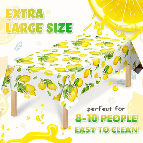 Three Pack Lemon Tablecloths Outdoor Waterproof Rectangle Cover For Indoor And Outdoor Use 54 By 108 Inches Oil Proof Summer Party Kitchen Dining Picnic Barbecue Patio shown on table with lemon design