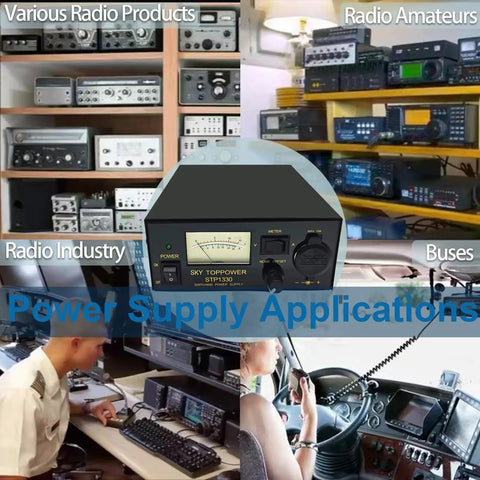 Beefy 13.8V 30A Ham Radio Power Supply With AC To DC Conversion shown with radios, industry setups, and bus electronics.