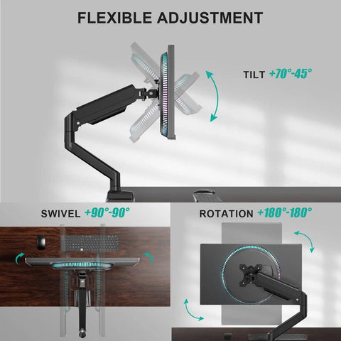 Single Monitor Arm Mount For 13 To 34 Inch Screens, Adjustable Desk Mount, VESA 75x75 And 100x100, Tilt and Swivel Features Shown