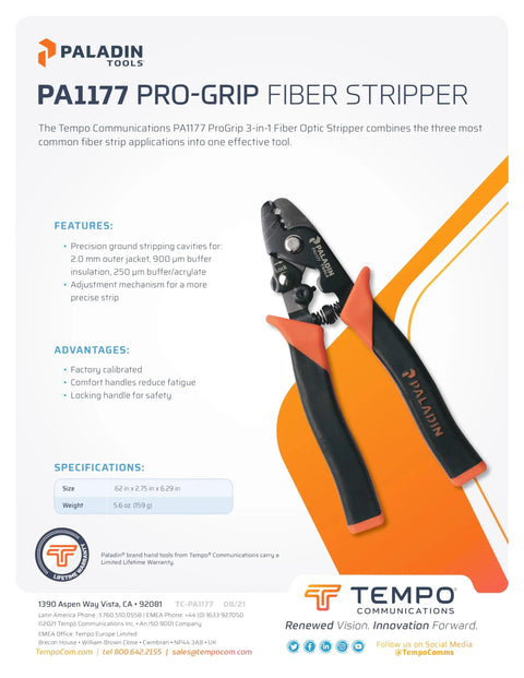 PA1177 Pro Grip 3 In 1 Fiber Optic Stripper with adjustable 900um buffer insulation, contoured comfort handles, and safety lock
