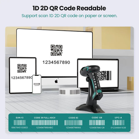 Rugged Wireless Barcode Scanner With Stand For Android iOS Windows Mac 1D 2D QR Bluetooth USB Barcode Reader displaying on devices