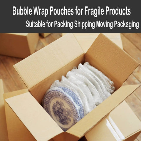 Box with plates protected by 50 Pack Bubble Pouch Wrap 12x12 Inch Clear Bubble Bags For Packing Fragile Dishes And China Plates