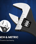 Close-up of Three Piece Adjustable Spud Wrench Set, 10 Inch, 12 Inch And 16 Inch, Chrome Vanadium Steel with dual SAE and metric scales.