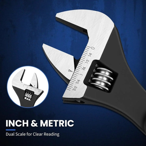 Close-up of Three Piece Adjustable Spud Wrench Set, 10 Inch, 12 Inch And 16 Inch, Chrome Vanadium Steel with dual SAE and metric scales.
