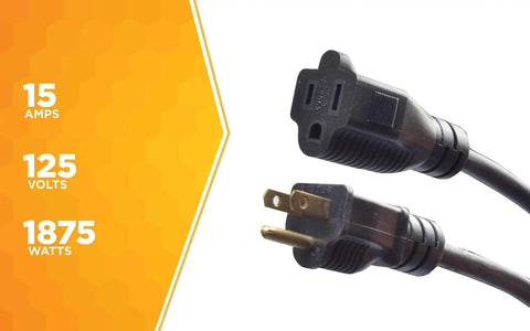 Heavy Duty Outdoor Extension Cord 50 Ft 14 Gauge 3 Conductor, Oil Resistant Vinyl Jacket, close-up plugs showing 15 amps, 125 volts, 1875 watts