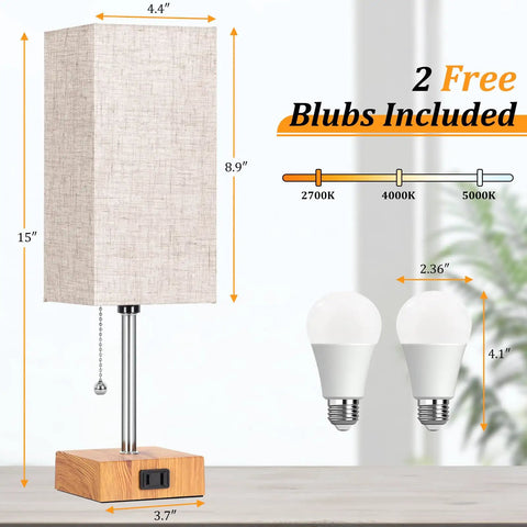 Set Of 2 Wood Table Lamps For Bedroom With 3 Color Modes Warm White Soft White Daylight White Pull Chain Nightstand Lamps With AC Outlets Compact Bedside Lights With 2 Bulbs For Living Room Kids Room Office Decor, one lamp with dimensions in inches and 2 included bulbs shown against a blurred background.