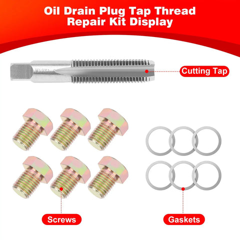 Stainless Steel Oil Drain Plug Thread Repair Kit M13 X 1.5Mm Rethread Tool with cutting tap, screws, and gaskets