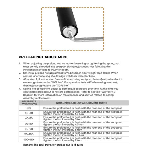 Preload nut adjustment instructions for Shock Absorbing Suspension Seatpost With Four Bar Linkage For MTB Gravel Road And E-Bikes