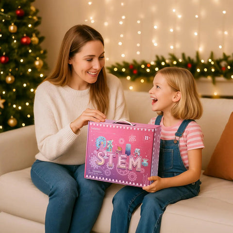 Woman and girl holding Six In One STEM Kit For Kids Aged 8 To 12 With Six Colorful Projects Fiber Optic Light Graffiti Robot Starlight Music Box Windmill And Ferris Wheel Super Cool For Builders Battery Not Included box