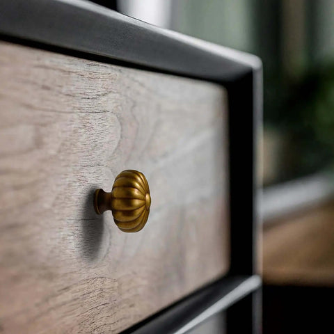 Four Pack Solid Brass Pumpkin Cabinet Knobs For Kitchen Drawers And Dressers Vintage Antique Copper Hardware That Hits Different On Modern Home Styles close-up on drawer