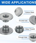 Heavy Duty 16 Pack 1/4 Inch 20 X 12 Mm Brad Hole Tee Nuts Carbon Steel showing knurled design and deep threads.