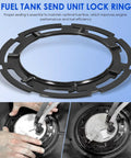 Direct Replacement Fuel Pump Lock Ring For Buick Cadillac Chevrolet Dodge Ford GMC Hummer Isuzu Jeep Lincoln Mazda Pontiac Ram Saab Saturn Suzuki Volkswagen GM Fits OEM Specs, No Fuss Install, Universal Lock Ring Clip, shown in black steel with installation process.