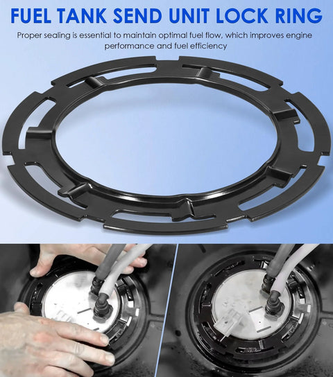 Direct Replacement Fuel Pump Lock Ring For Buick Cadillac Chevrolet Dodge Ford GMC Hummer Isuzu Jeep Lincoln Mazda Pontiac Ram Saab Saturn Suzuki Volkswagen GM Fits OEM Specs, No Fuss Install, Universal Lock Ring Clip, shown in black steel with installation process.