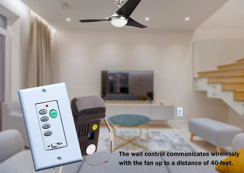 Remote Ceiling Fan And Light Wall Control Kit With Adjustable Fan Speed And Light Dimmer Easy Install No Fuss Wall Switch Replacement in a living room.