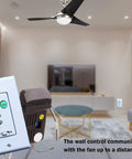 Ceiling Fan And Light Wall Control Kit Pack Of 2 with remote in a living room, showing wireless control with 40 ft range.