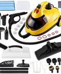 Hella Powerful 1500W Steam Cleaner With 36 Piece Attachment Kit And 1.5L Tank, yellow unit with multiple cleaning tools laid out.