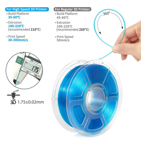 Solid Clear Sky Blue PLA Filament 1.75mm For 3D Printers Dead On Accuracy Plus Snappy Printing Speed Low Warping Design Makes Every Layer Stick Perfectly And Crystal Clarity Throughout