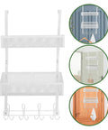 Heavy Duty Over The Door Organizer With Double Layer Mesh Baskets And Eight Sturdy Hooks for home office, featuring solid white iron frame.