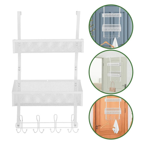 Heavy Duty Over The Door Organizer With Double Layer Mesh Baskets And Eight Sturdy Hooks for home office, featuring solid white iron frame.