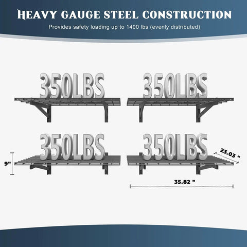 Heavy Duty 4 Pack Garage Wall Shelving Set With 1400Lb Capacity, 2x3 Ft Shelves, Wall Mounted Storage Rack, load demonstration