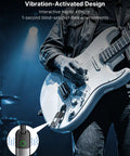 Musician using Wireless Guitar System With 10 Channel Transmitter And Receiver in live performance, close-up on guitar and interface.