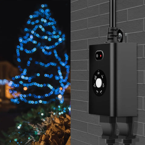 Weatherproof Outdoor Sensor Timer With Dual Grounded Outlets Delivers Zero Fuss Dusk To Dawn Light Control And Seven Quick Countdown Modes For Flawless Yard And Party Decor mounted on a wall next to lit blue Christmas tree.