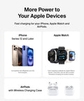 MagSafe Ready 3 In 1 Qi2 15W Wireless Charger Station With Travel Stand And 36W Adapter Charges iPhone 17, Apple Watch, AirPods, Pixel 10 All At Once On The Go displayed with iPhone, Apple Watch, AirPods images.