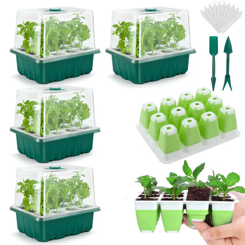 Indoor Seed Starter Kit With 48 Cells Flexible Silicone Trays Germination Tray With Humidity Dome And Lids Reusable Dishwasher Safe BPA Free No Fuss Transplant With Roots Intact For Beginner Gardeners showing plants in trays and gardening tools.